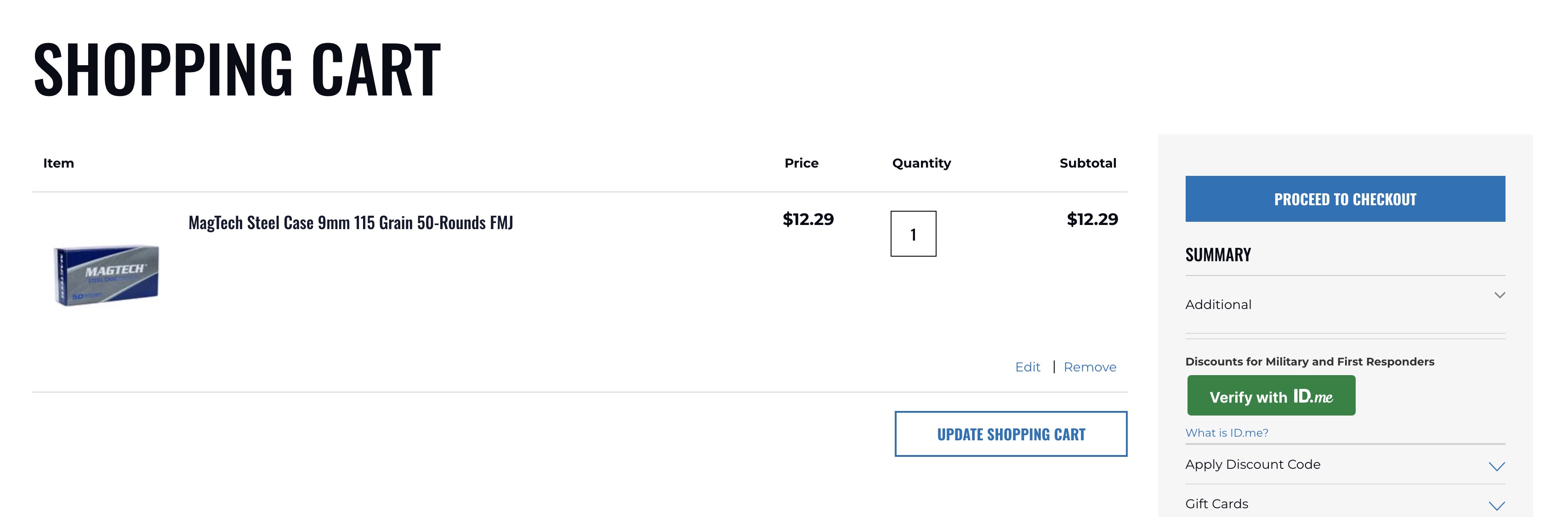 The Verify with ID.me button shown in the Magento 2 shopping cart summary sidebar.